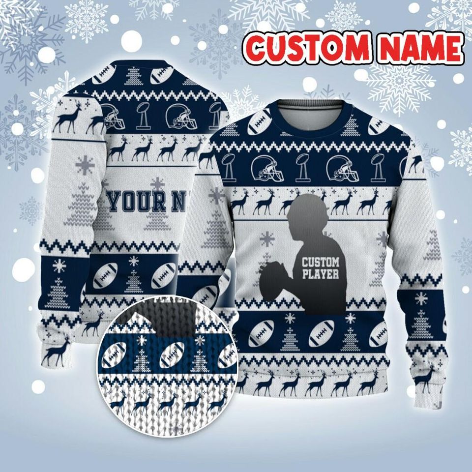 Customized Player American Football Ugly Christmas Sweater Navy And White