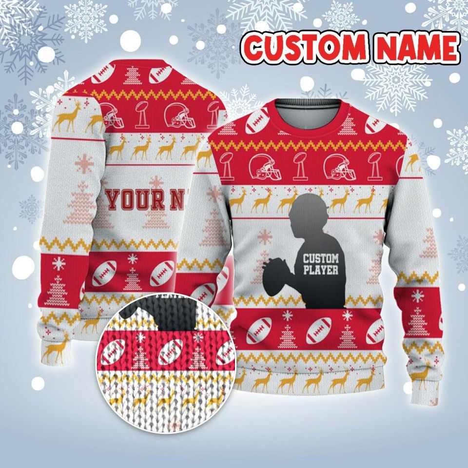 Customized Player American Football Ugly Christmas Sweater Red And White