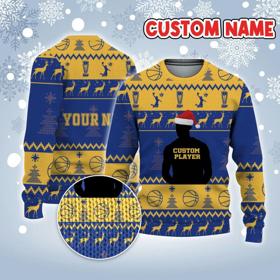 Customized Player Basketball Ugly Christmas Sweater Blue And Yellow Warrior