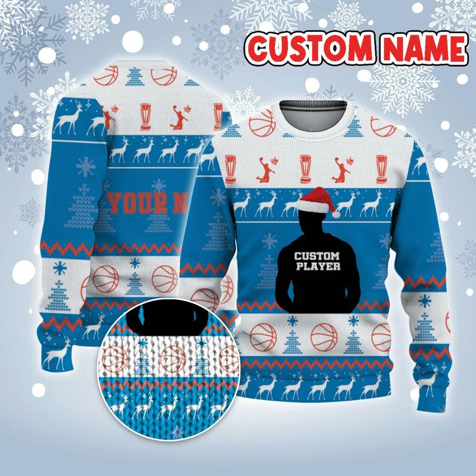 Customized Player Basketball Ugly Christmas Sweater Blue Orange And White
