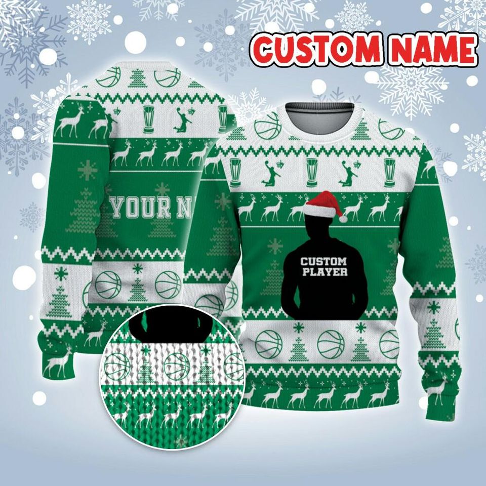 Customized Player Basketball Ugly Christmas Sweater Green And White Boston