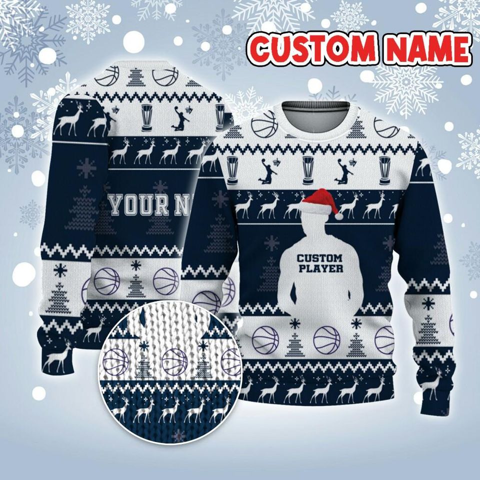 Customized Player Basketball Ugly Christmas Sweater Navy And White