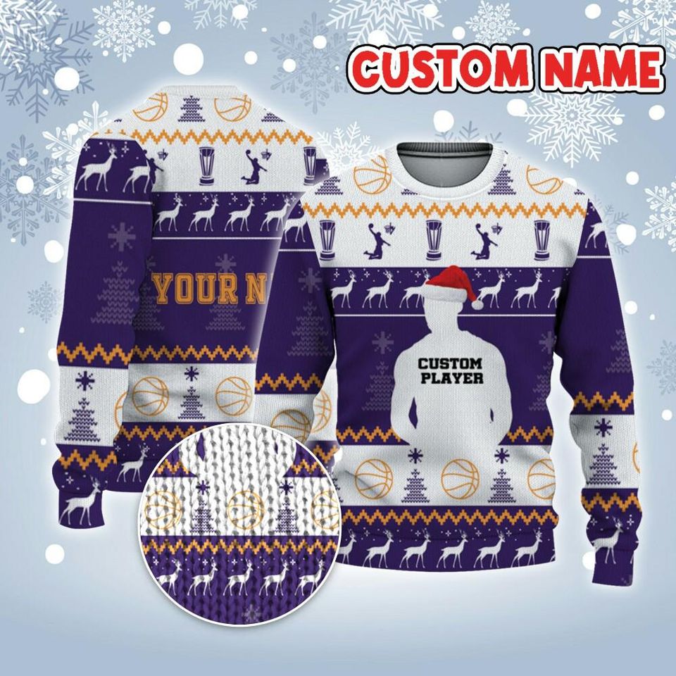 Customized Player Basketball Ugly Christmas Sweater Purple Yellow And White