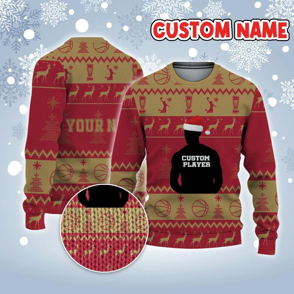 Customized Player Basketball Ugly Christmas Sweater Red And Gold