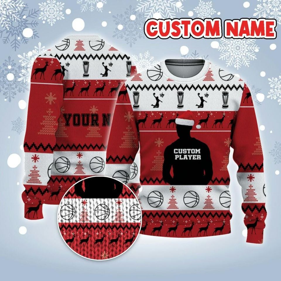 Customized Player Basketball Ugly Christmas Sweater Red, Black And White