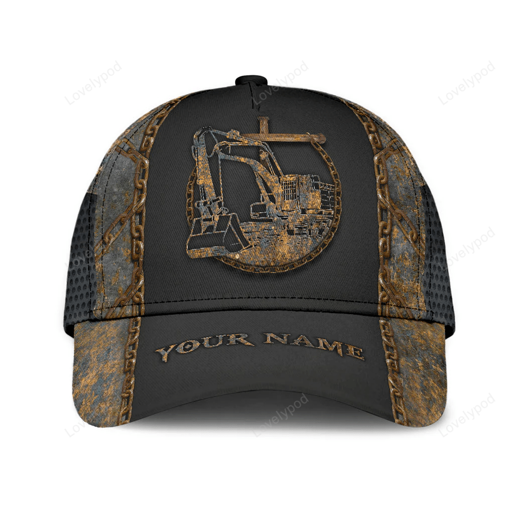 Customized With Name Excavator 3D Full Printing Classic Cap Hat, Excavator Baseball Cap Hat Trucker Hats Custom Hats Gifts For Men & Women