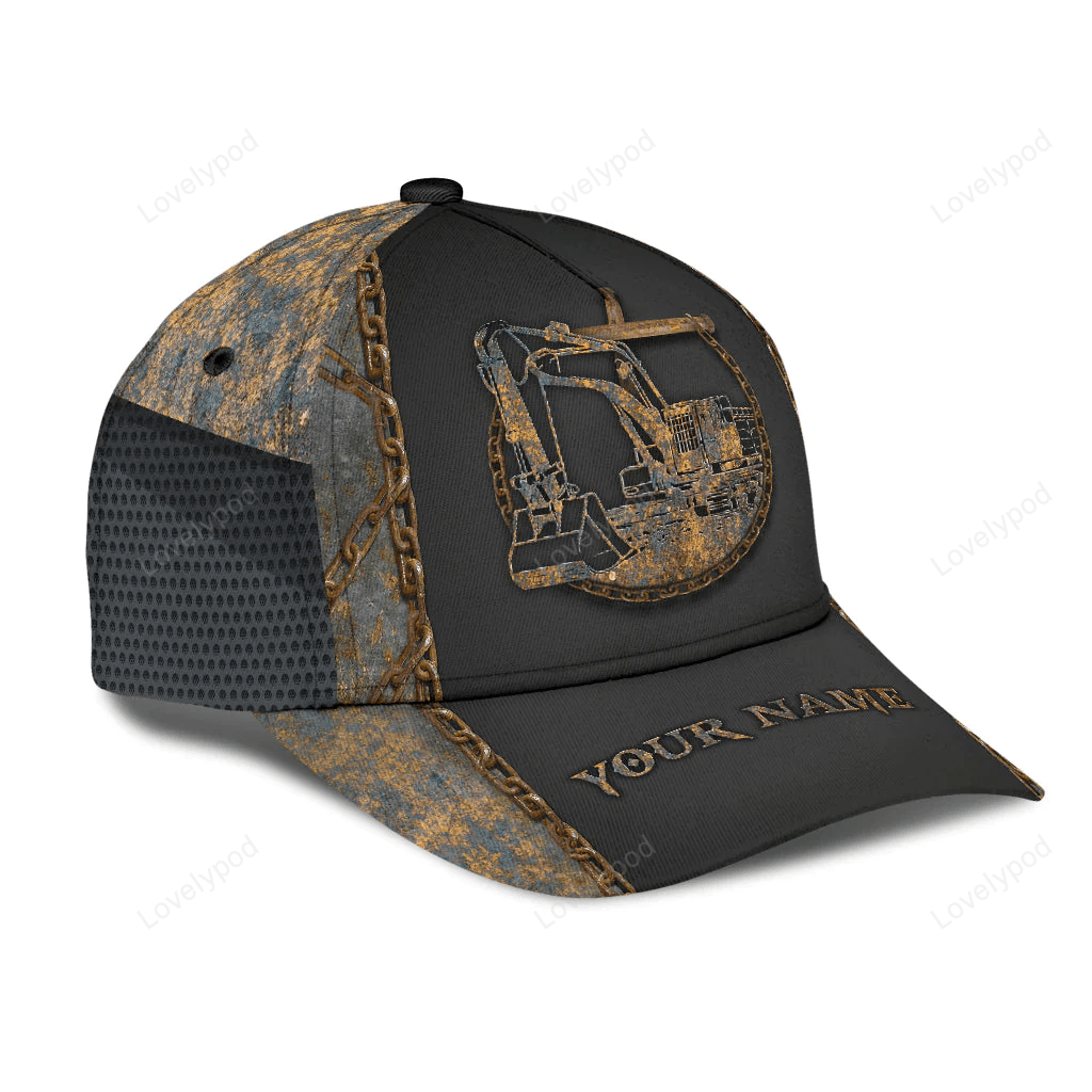 Customized With Name Excavator 3D Full Printing Classic Cap Hat, Excavator Baseball Cap Hat Trucker Hats Custom Hats Gifts For Men & Women