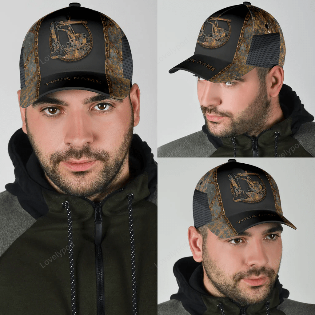 Customized With Name Excavator 3D Full Printing Classic Cap Hat, Excavator Baseball Cap Hat Trucker Hats Custom Hats Gifts For Men & Women