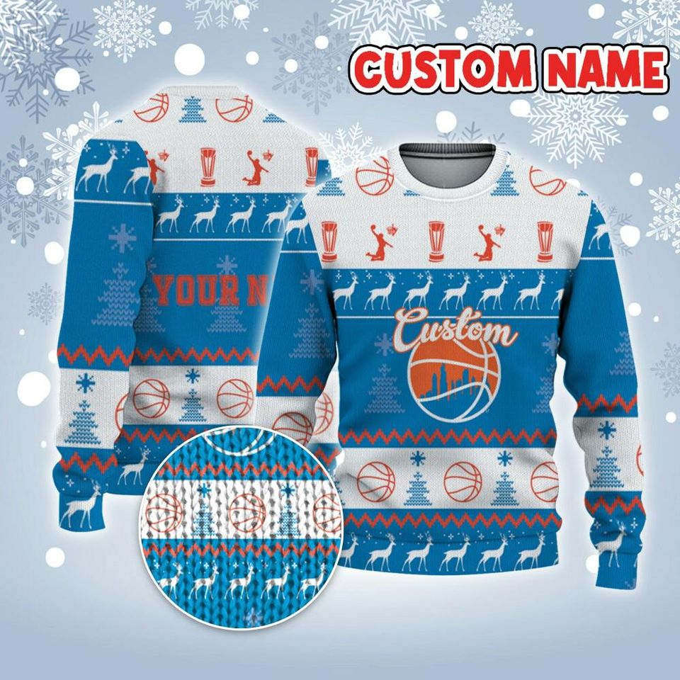 Customized Your Team Basketball Ugly Christmas Sweater Blue Orange And White