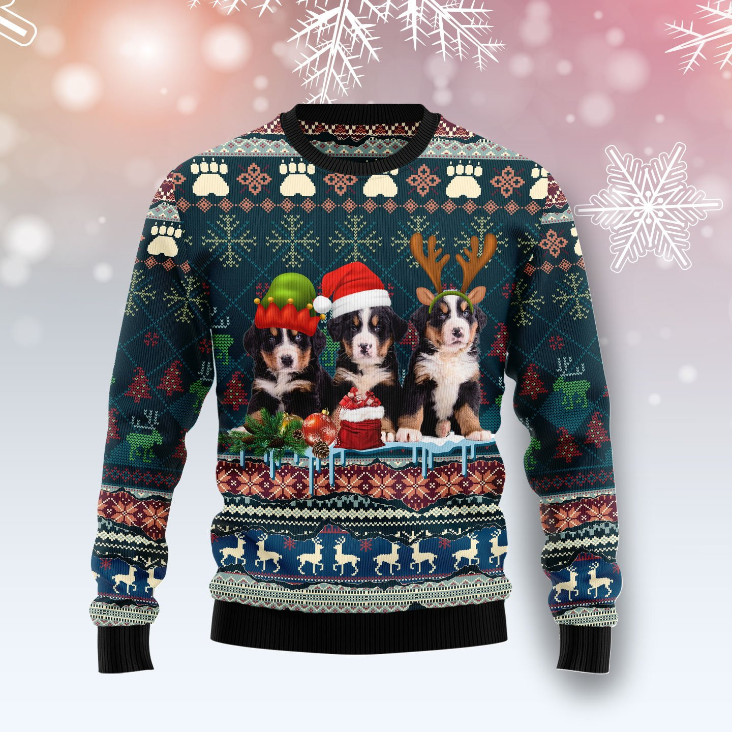 Cute Bernese Mountain Dog Christmas Ugly Christmas Sweater Adult 3D Funny Matching for family