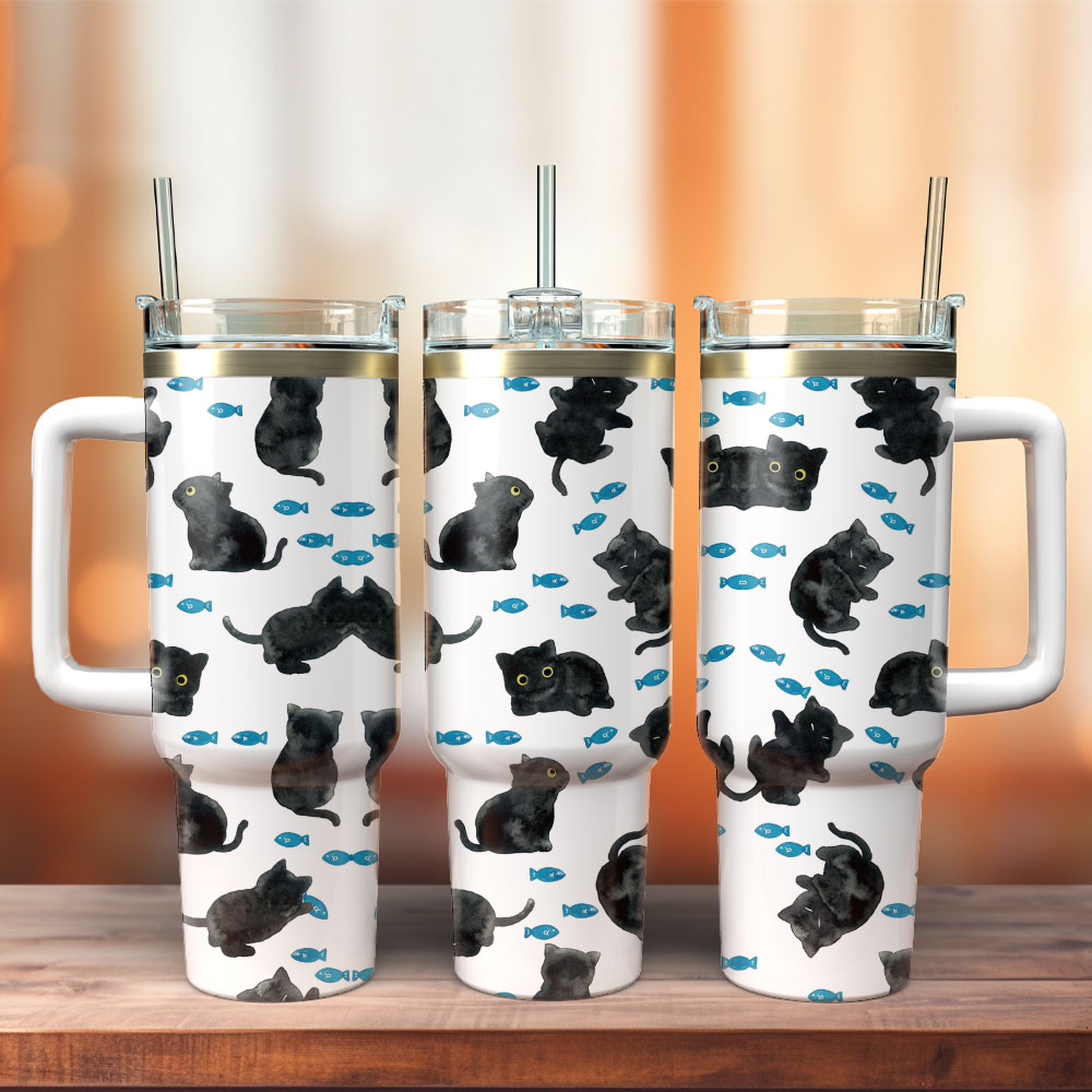 Cute Black Cat and Fish Pattern Artwork Custom Stanley Cup 40 oz 30 oz Tumbler With HandleTVC2301246