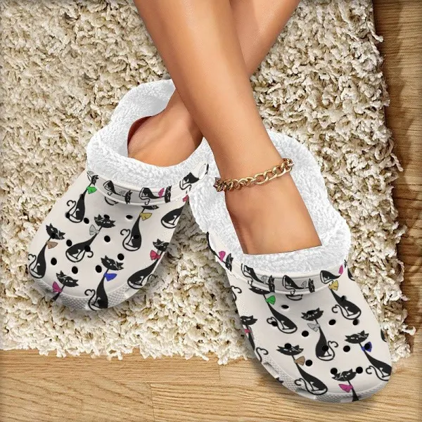 Cute Black Cat Crocs Crocband Fleece Lined Clogs Shoes Comfortable For Men Women and Kids In Winter