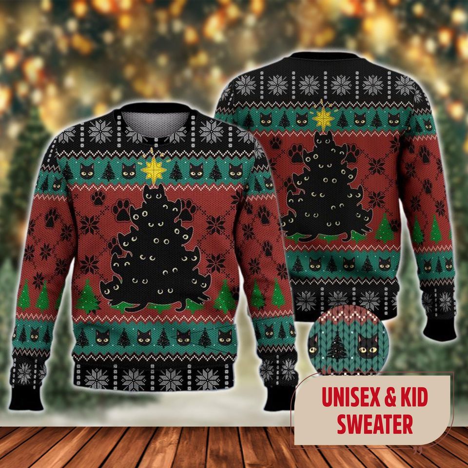 Cute Black Cat Ugly Christmas Sweater, Cute Black Cat Christmas Tree Xmas