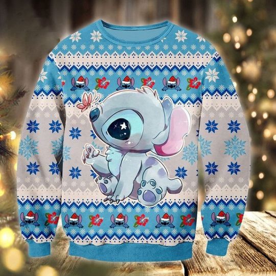 Cute Blue Alien Ugly Christmas Shirt, Ohana Alien Sweater, Ugly Christmas Sweater - Image 3