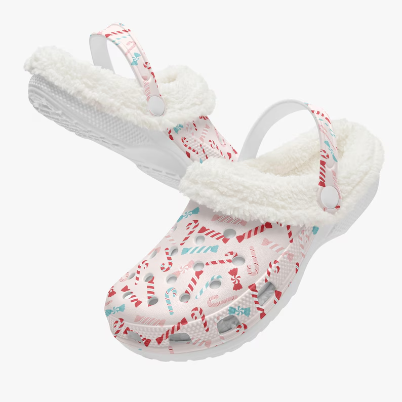 Cute Candy Cane Christmas Crocs Crocband Fleece Lined Clogs Shoes Comfortable For Men Women and Kids In Winter