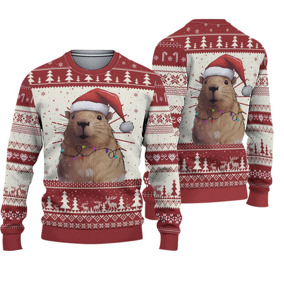 Cute Capybara Christmas Ugly Sweater, Capy Santa Holiday Sweater