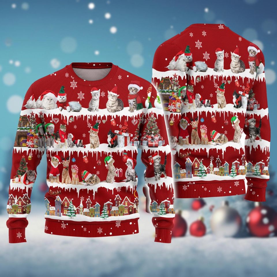 Cute Cat Christmas Sweater, Merry Catmas Holiday Sweater, Kitten Cats Xmas Sweater - Image 2