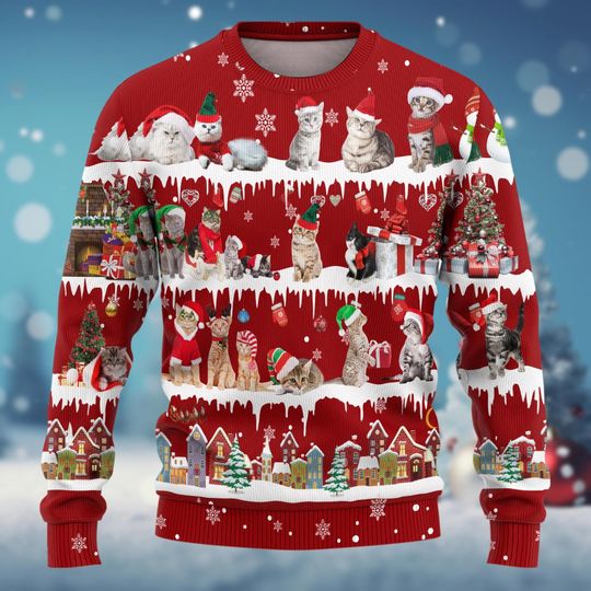 Cute Cat Christmas Sweater, Merry Catmas Holiday Sweater, Kitten Cats Xmas Sweater - Image 10