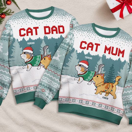 Cute Cat Mom Cat Dad Personalized Custom Unisex Ugly Xmas Gift Wool Sweatshirt - Image 6