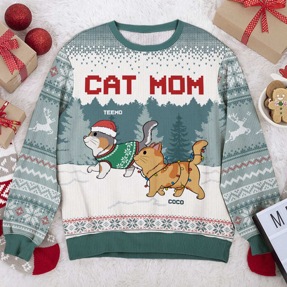 Cute Cat Mom Cat Dad Personalized Custom Unisex Ugly Xmas Gift Wool Sweatshirt