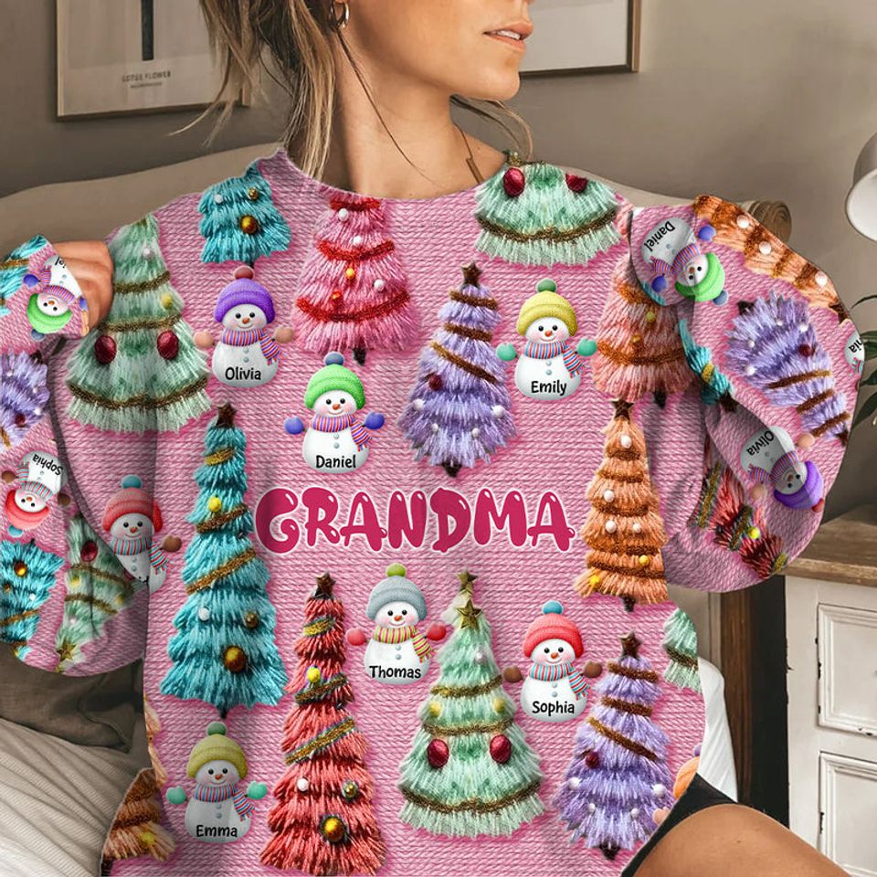 Cute Colorful Christmas Tree Grandma Mom Snowman Kids Personalized 3D Sweatshirt