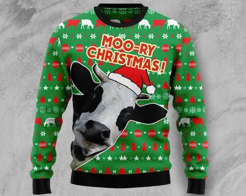 Cute Cow Moo Ry Christmas Ugly Sweater, Cow Santa Hat Ugly Sweatshirt