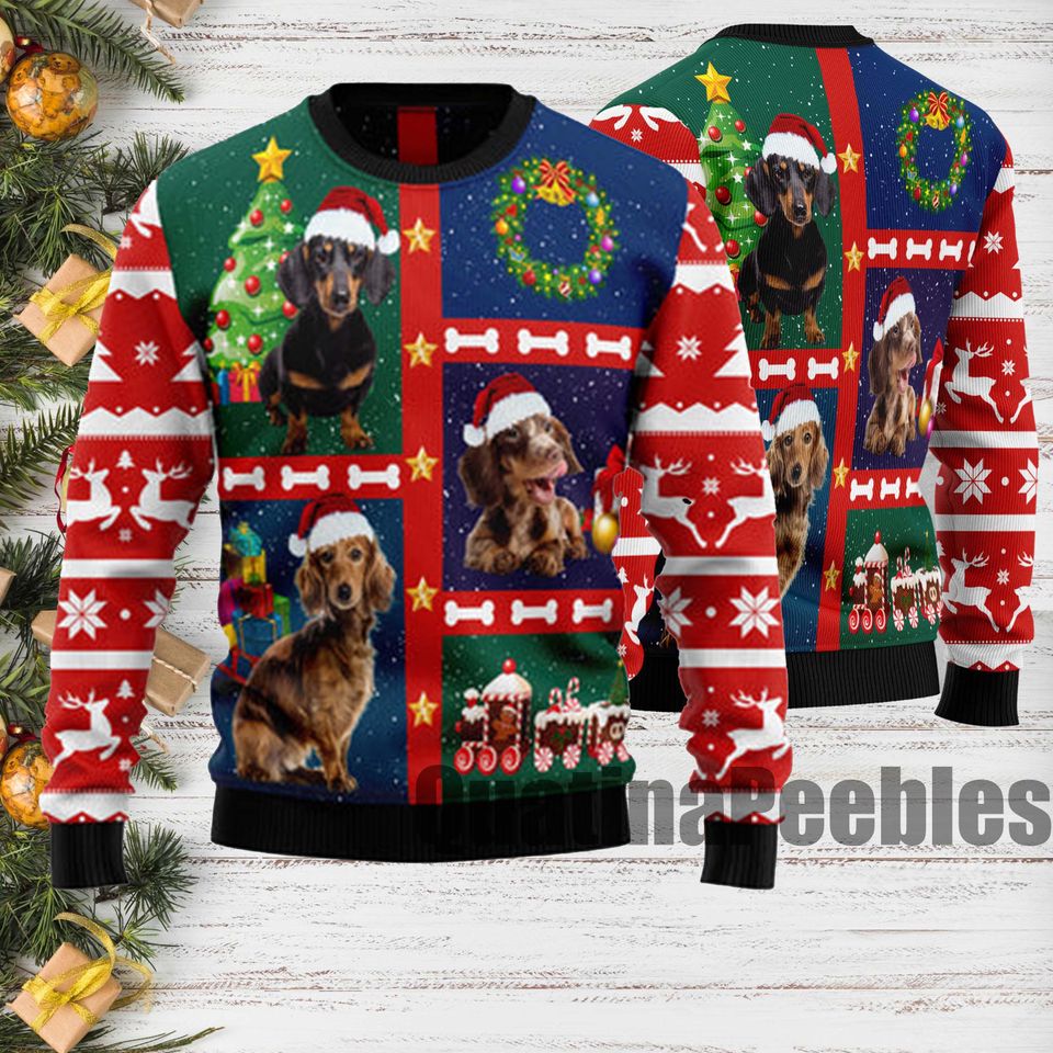 Cute Dachshund Ugly Christmas Sweater, Funny Holiday Sweater With Dachshund