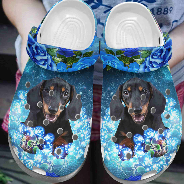 Cute Dachshund With Blue Roses Flowers Crocs Crocband Clogs Shoes Comfortable For Men Women and Kids