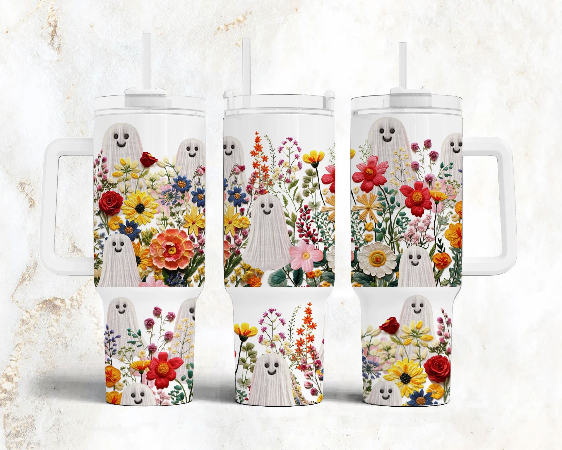 Cute Ghost and Flowers Custom Stanley Cup 40 oz 30 oz Tumbler With HandleTVC2301895