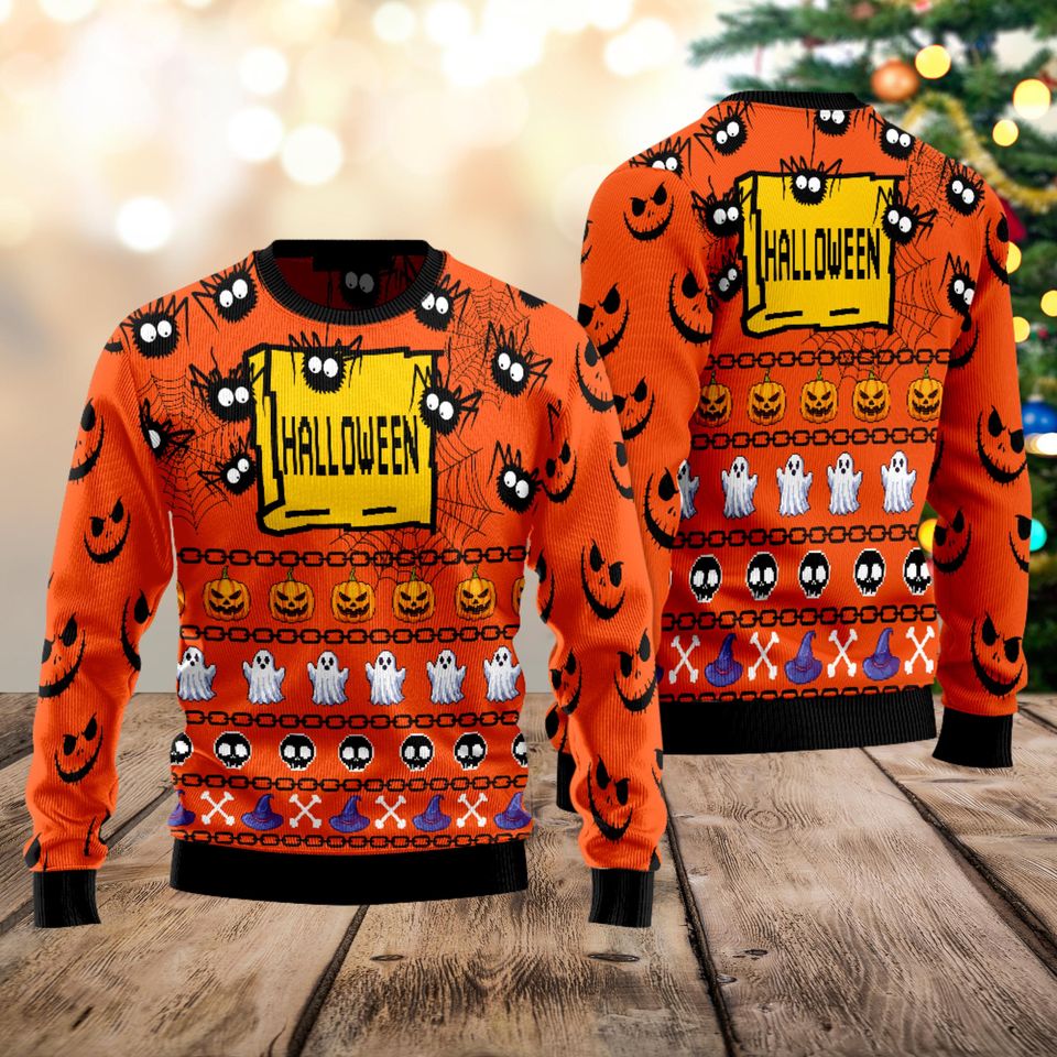 Cute Ghost with Pumpkin Halloween Ugly Sweater, Spider Web Tee
