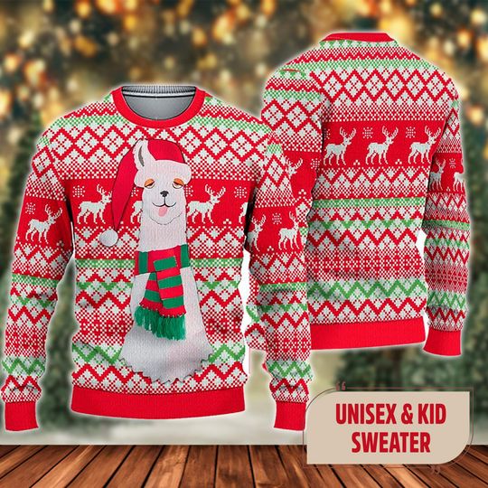 Cute Llamas Santa Hat Ugly Christmas Sweater, Cute Llamas Santa Hat Xmas Sweatshirt - Image 7