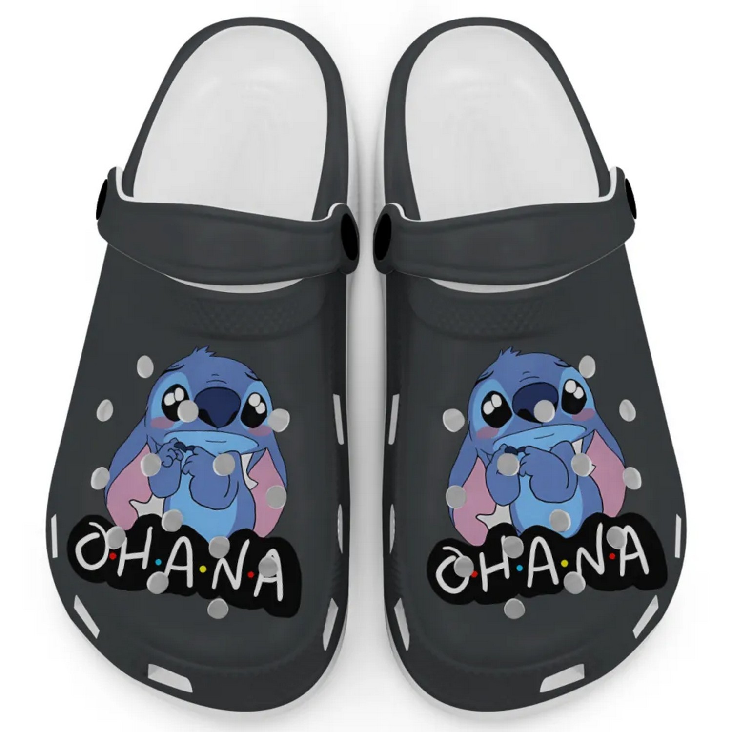 Cute Ohana Stitch Cartoon Charm Graphite Crocs Crocband Clogs Shoes Comfortable For Men Women and Kids