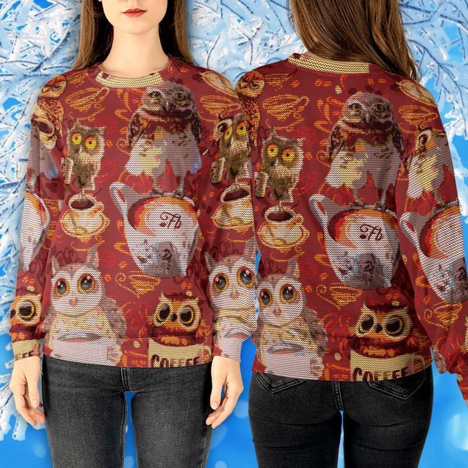 Cute Owl And Coffee, Sweatshirt All Over, Owl, Autumn Coffee, Sweatshirt 3D