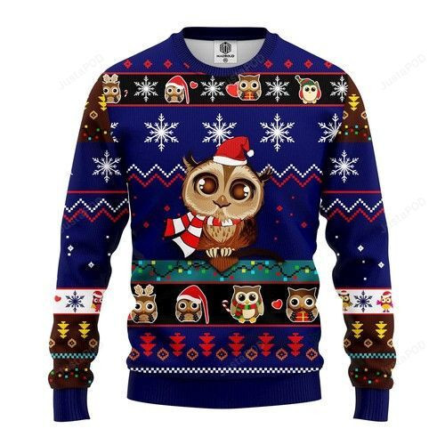 Cute Owl Noel Mc Christmas Blue Style For Unisex Ugly Christmas Sweater Adult 3D Funny Matching for family