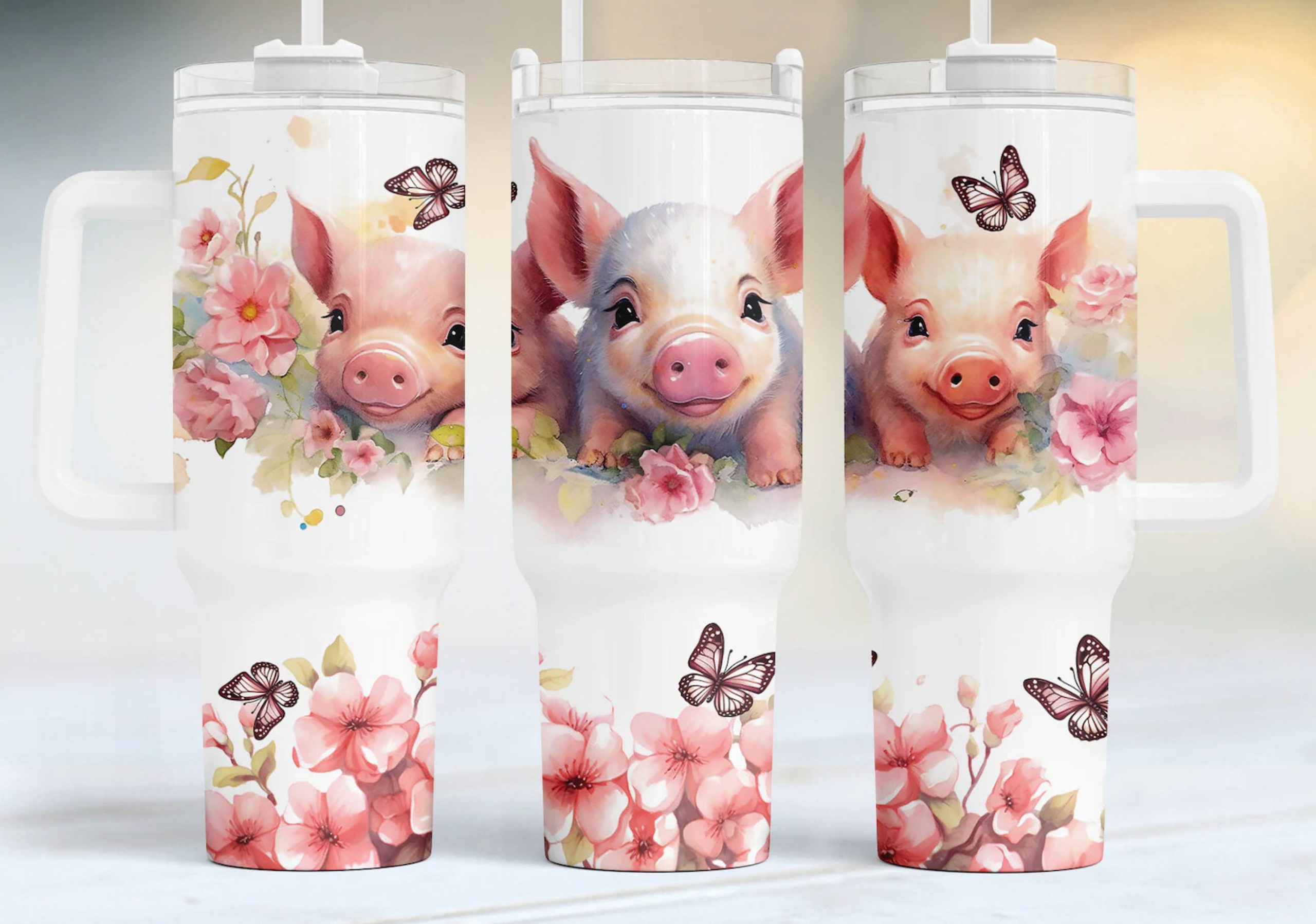 Cute Piglets Pink Floral Custom Stanley Cup 40 oz 30 oz Tumbler With HandleTVC2301164