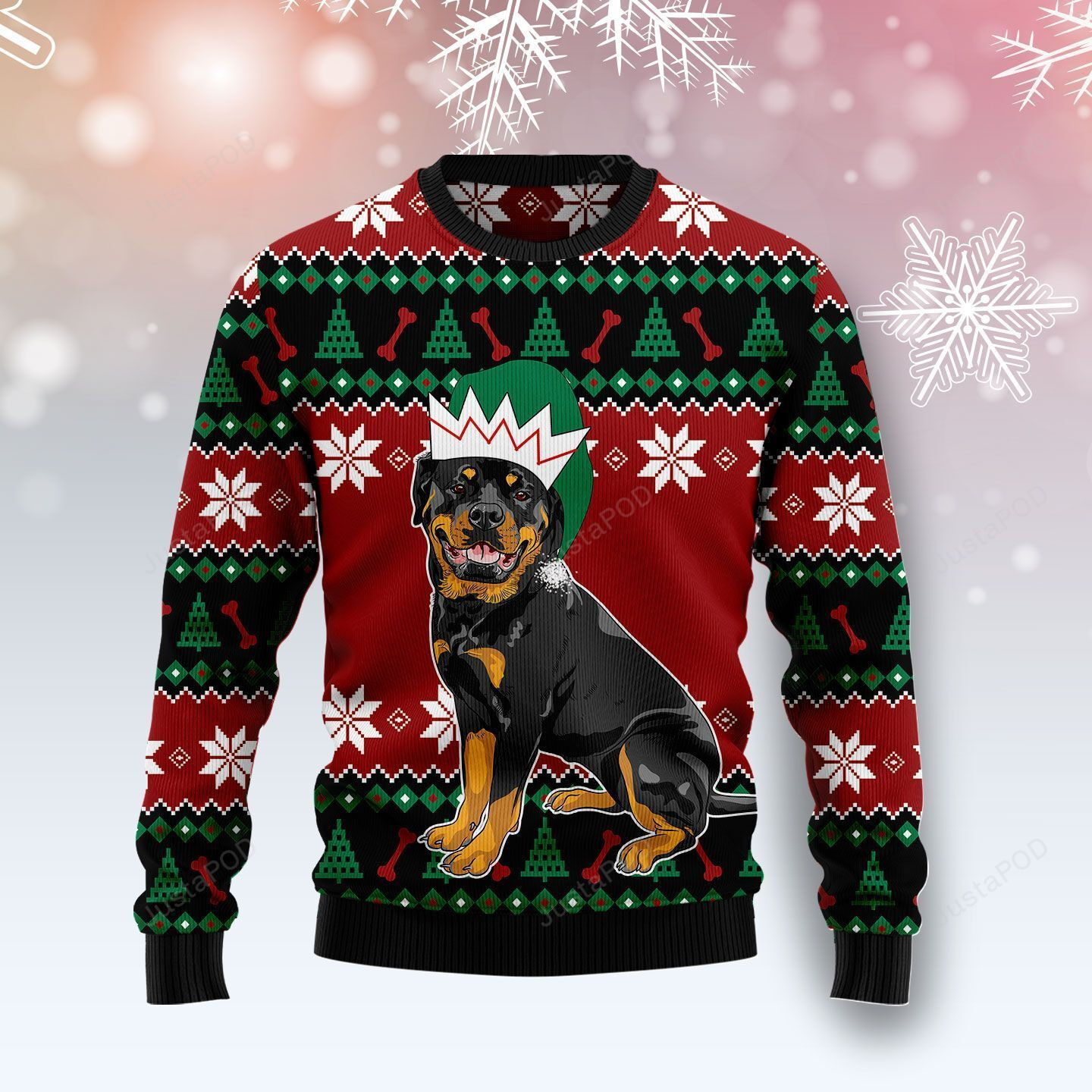 Cute Rottweiler Wearing Christmas Hat Ugly Christmas Sweater Adult 3D Funny Matching for family