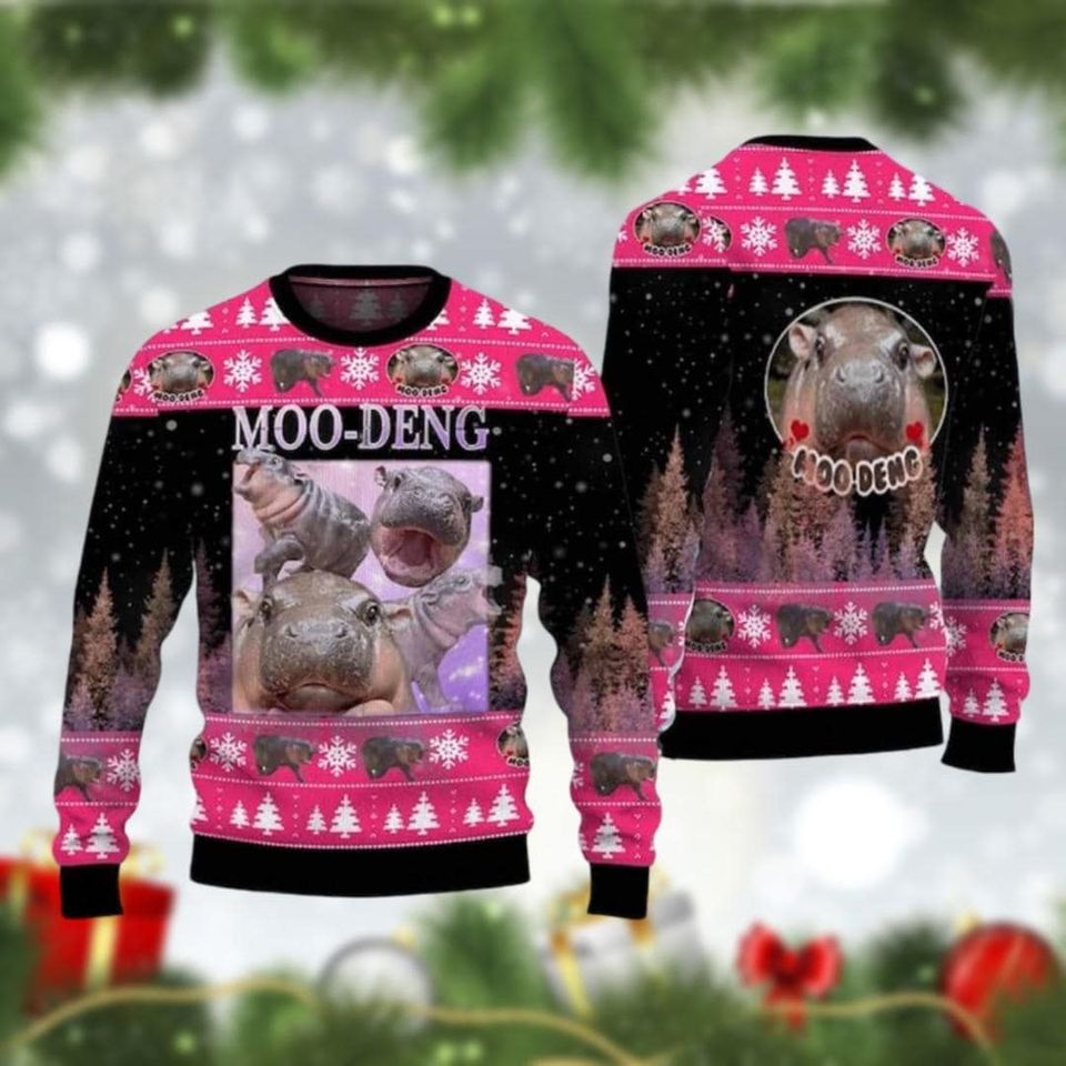 Cute Thai Baby Hippo Moo Deng Meme Ugly Christmas Sweater, Moo Deng Bouncy Pig In Thailand Sweater, Khao Kheow Open Zoo Sweater