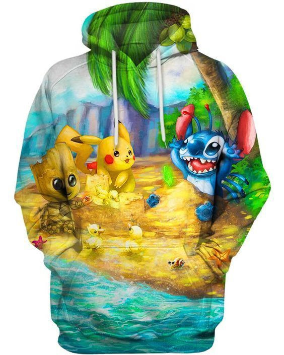 Cute Things On The Beach Pikachu Stitch Groot 3D All Over Print Hoodie, Zip Hoodie