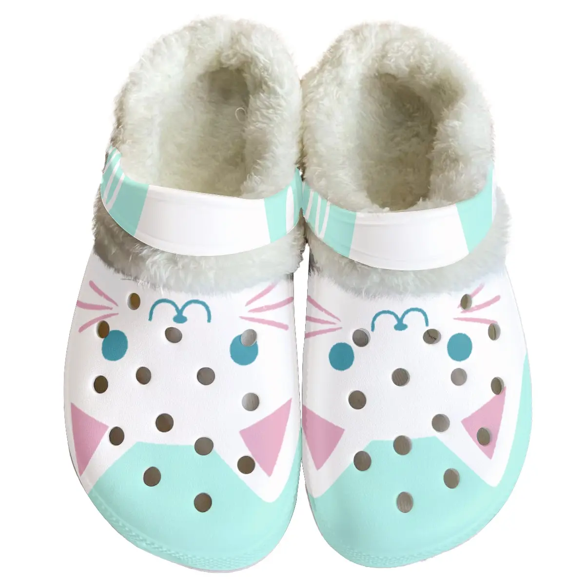 Cutesy White Cat Crocs Crocband Fleece Lined Clogs Shoes Comfortable For Men Women and Kids In Winter