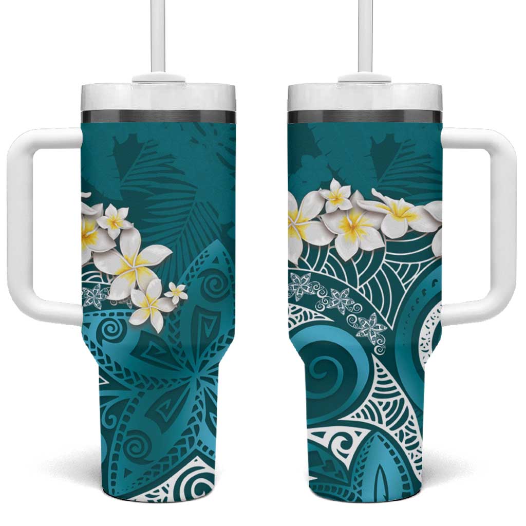 Cyan Polynesian Tribal Frangipani Tropical Vibe Custom Stanley Cup 40 oz 30 oz Tumbler With HandleTVC2301249