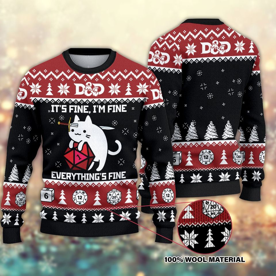 D&D Dragon Woolen Sweater, Funny Cat It's Fine Everything Fine Ugly Christmas Sweater