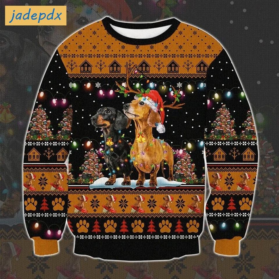 Dachshund And Christmas Tree And Lightbulbs Ugly Christmas Sweater