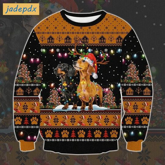 Dachshund And Christmas Tree And Lightbulbs Ugly Christmas Sweater - Image 2