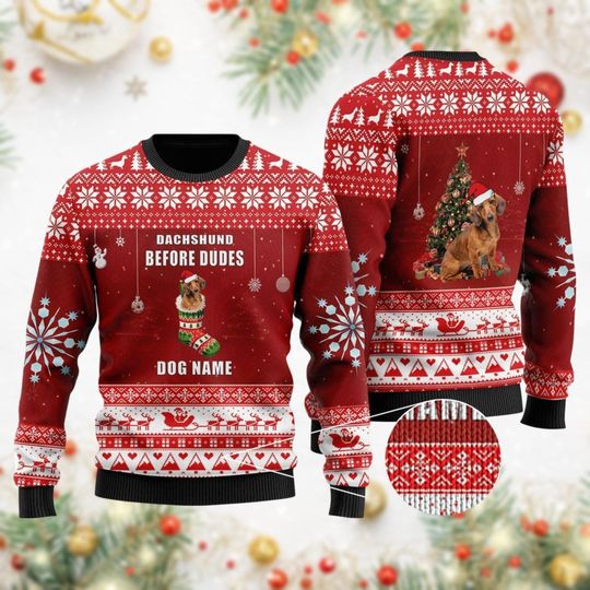 Dachshund Christmas Ugly Sweater, Dog Owner Santa Hat Ugly Sweatshirt, Dog Lover Gift - Image 3