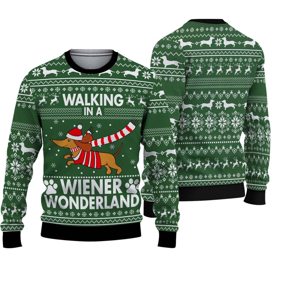 Dachshund Dog Walking In A Wiener Wonderland Christmas Ugly Sweater
