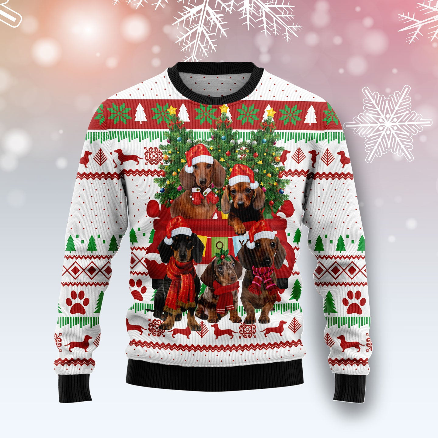 Dachshund Red Truck Ugly Christmas Sweater