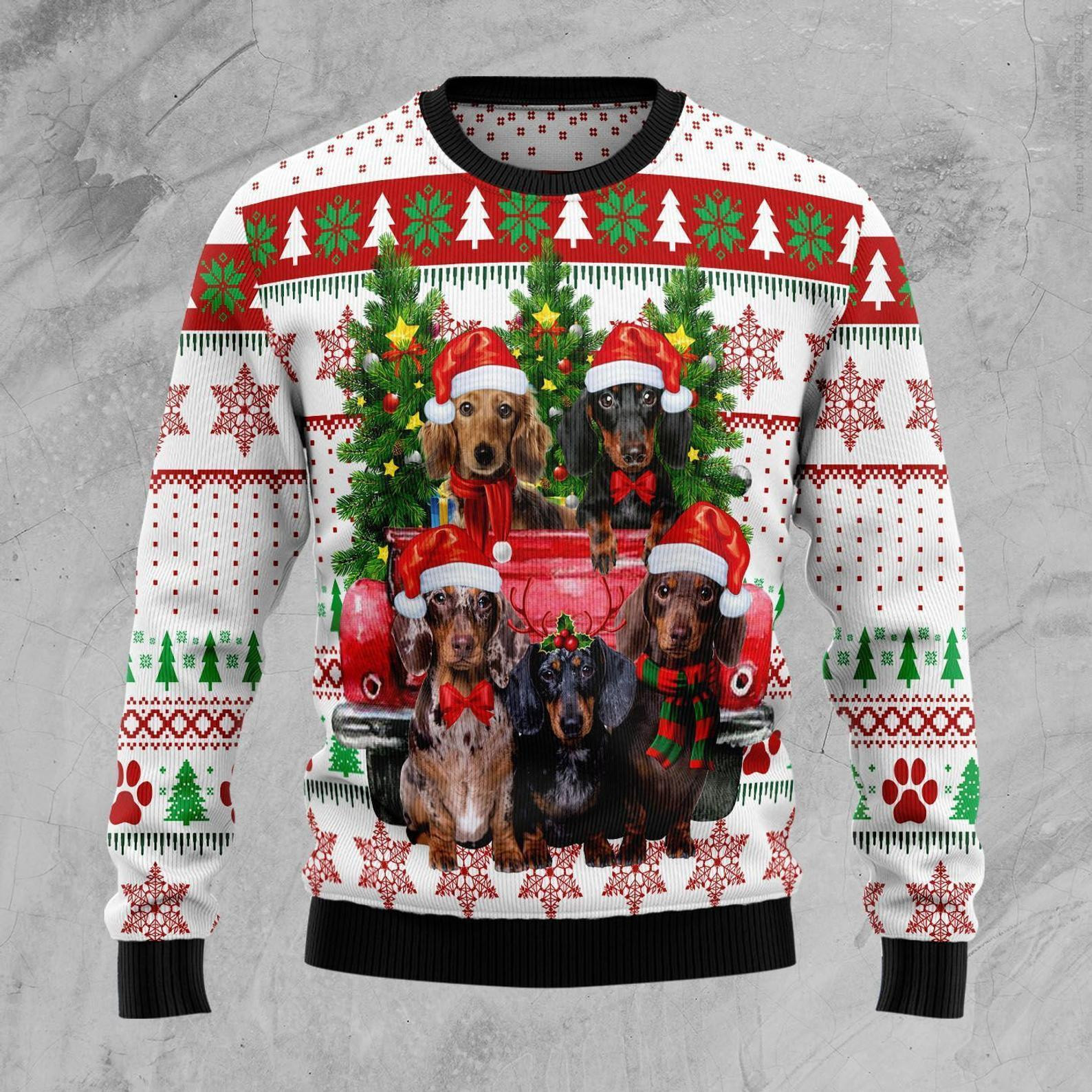 Dachshund Red Truck Ugly Christmas Sweater Adult 3D Funny Matching for family