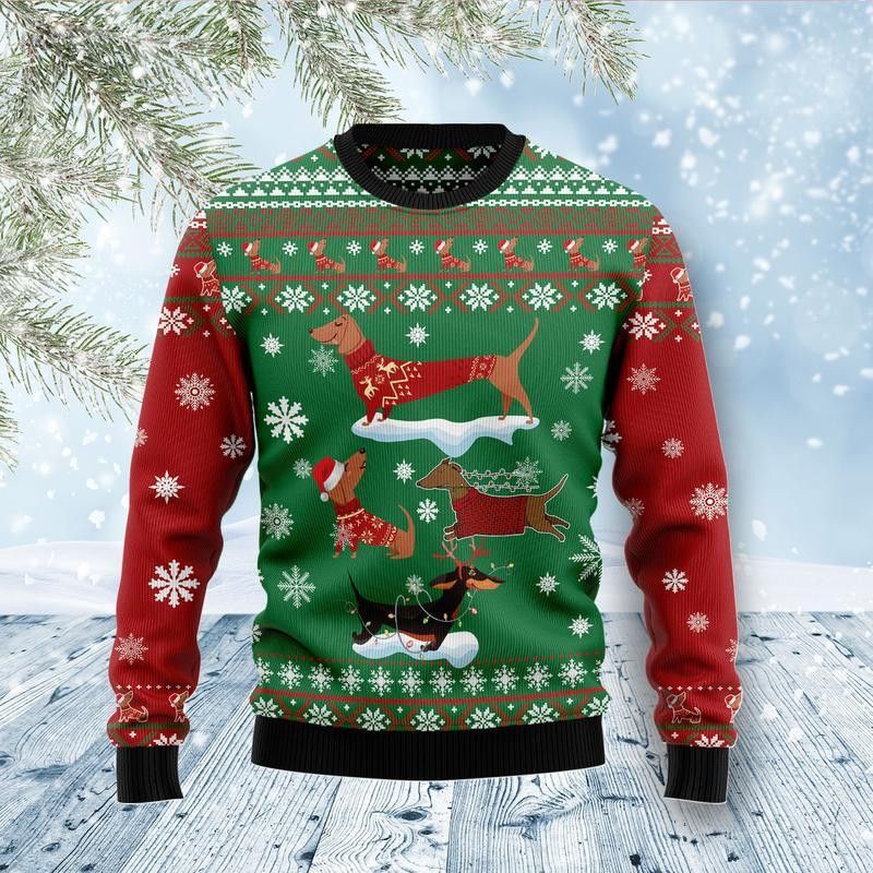Dachshund Snow Day Ugly Christmas Sweater Adult 3D Funny Matching for family