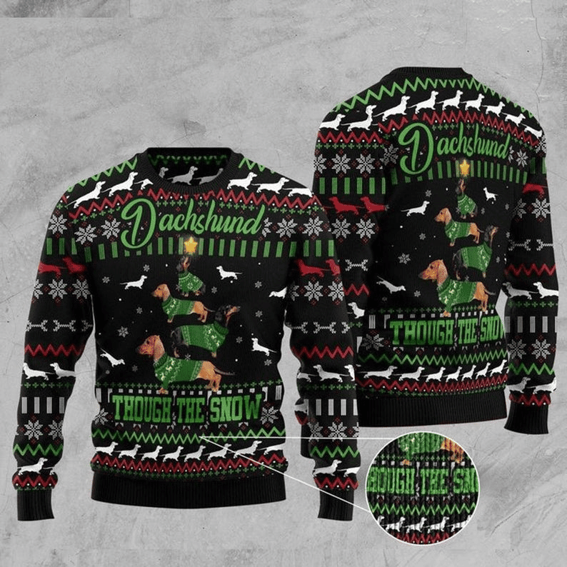 Dachshund Though The Snow Ugly Christmas Sweater Adult 3D Funny Matching for family