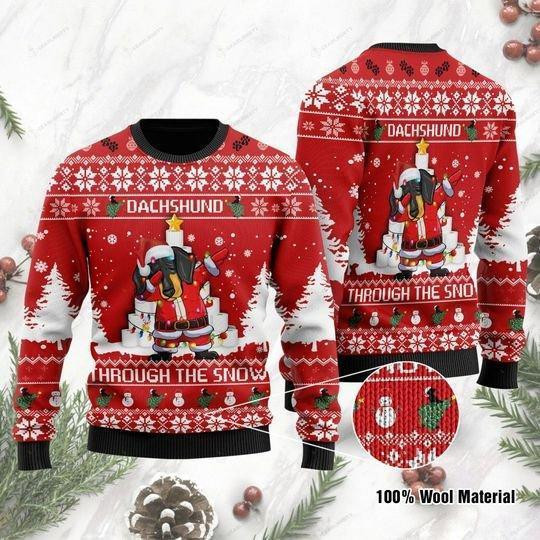 Dachshund Through The Snow Dabbing Ugly Christmas Sweater Adult 3D Funny Matching for family